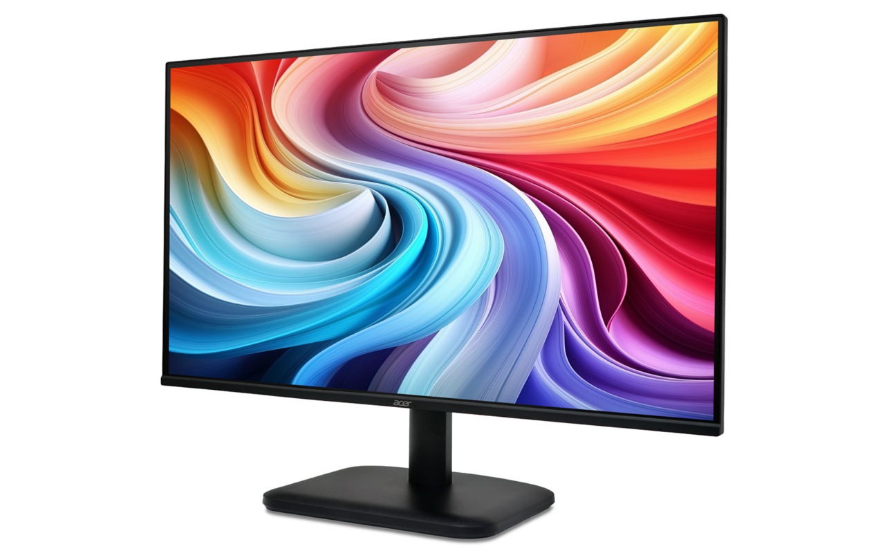 A fekete Acer monitor színes absztrakt művészetet jelenít meg. Fekete talapzaton áll.