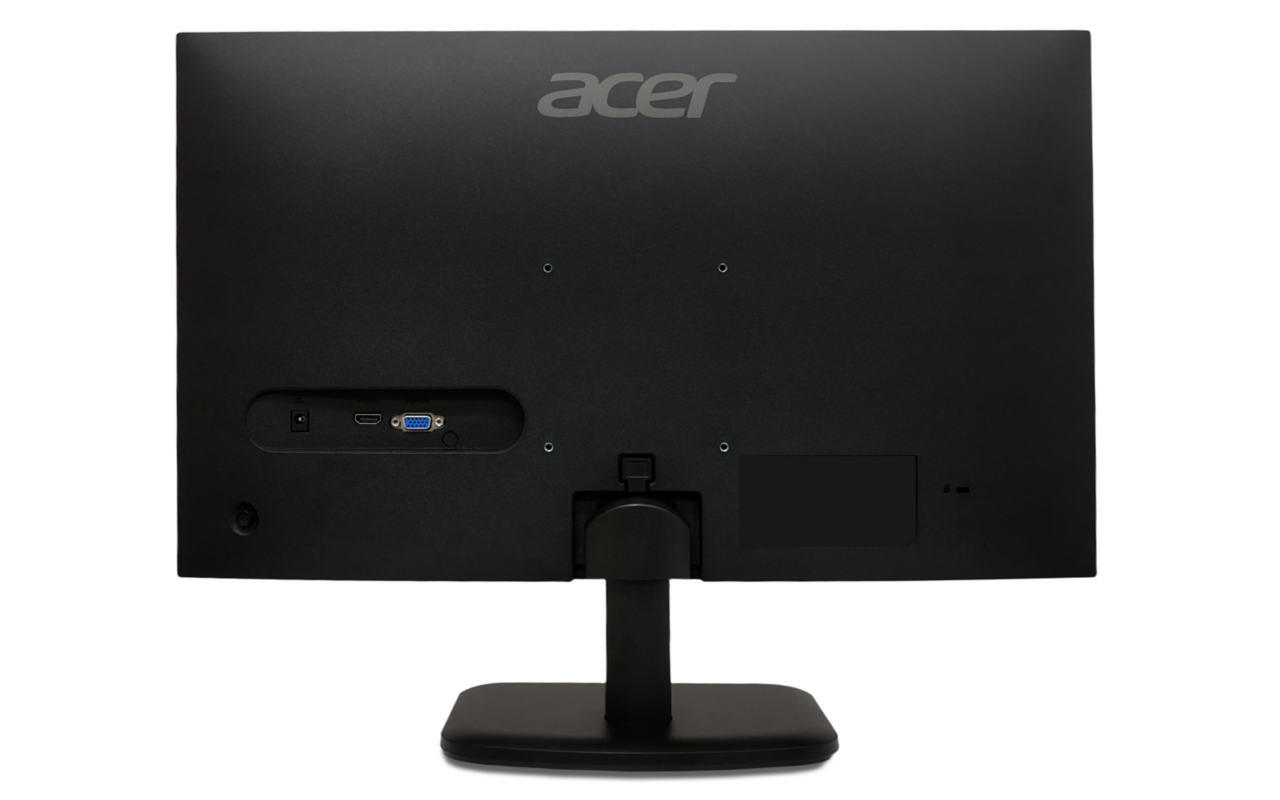 Egy fekete Acer monitor hátulja, HDMI, VGA és DC tápcsatlakozókkal, valamint egy állvánnyal.