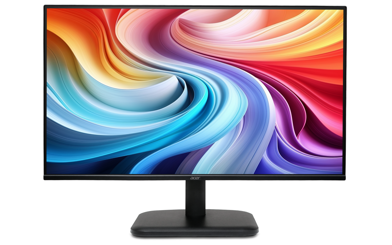 Egy fekete Acer monitor, amely egy színes absztrakt képet jelenít meg, fekete állványon.