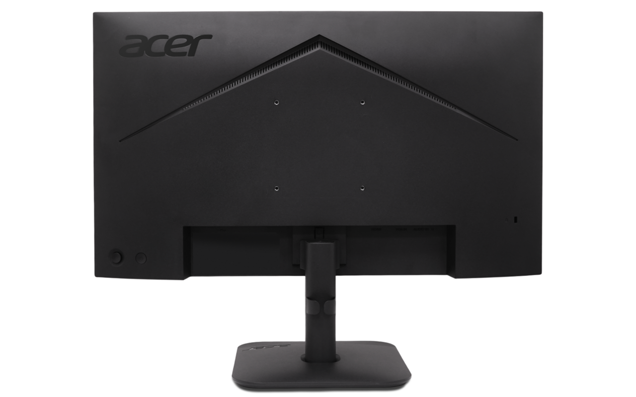 Fekete Acer monitor hátulja, az állvánnyal, portokkal és az Acer logóval.