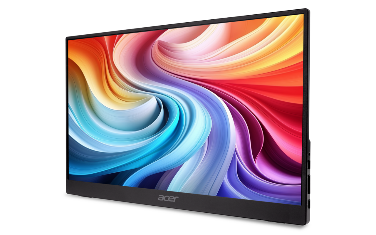 Fekete Acer monitor színes kijelzővel, vibráló absztrakt képpel.