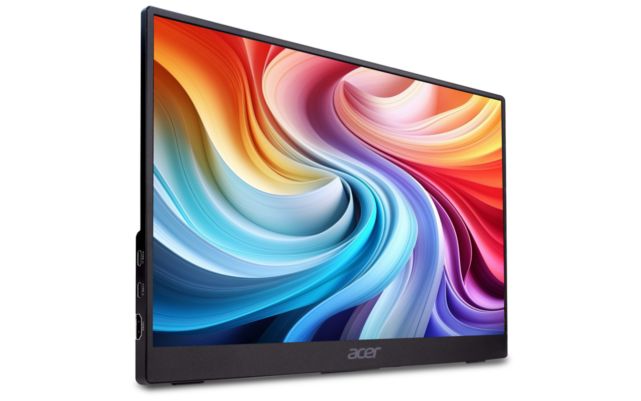 Fekete monitor színes, absztrakt kijelzővel, Acer logóval.