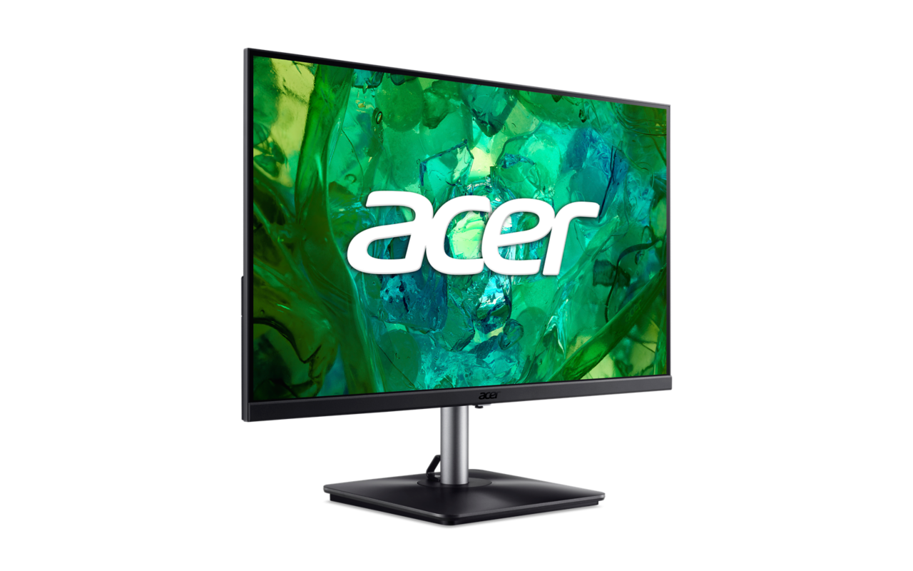 Egy Acer monitor, amely az Acer logót jeleníti meg zöld háttéren, fekete állványon.