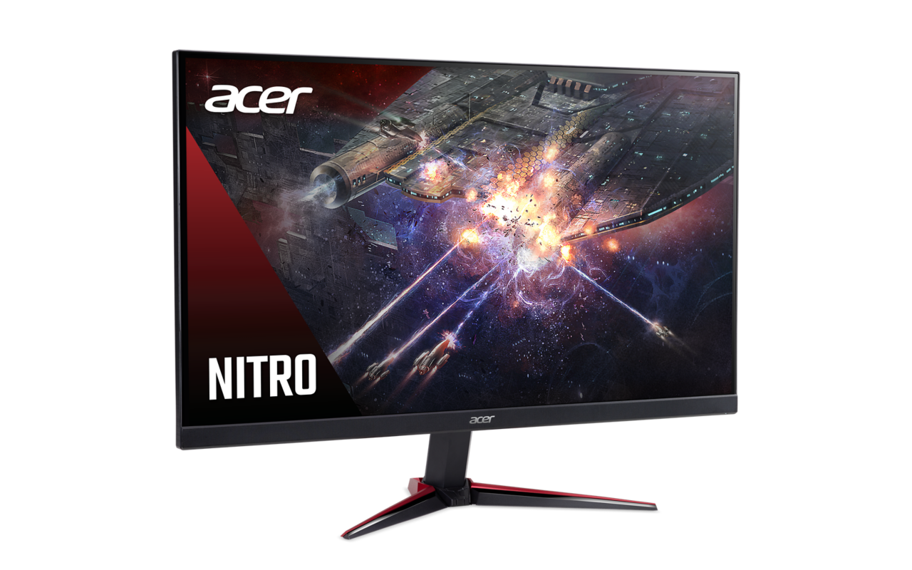 Acer Nitro monitor űrhajó képpel a képernyőn. Fekete háttér Acer és Nitro logókkal.