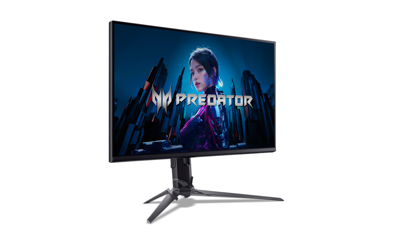 Egy Predator gaming monitor állványon, sötét háttérrel.