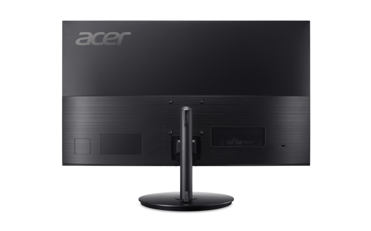 Fekete Acer monitor hátulja. Portok és állvány láthatók. Acer logó felül.
