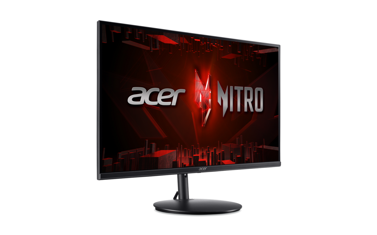 Egy fekete monitor, Acer Nitro logóval, piros és fekete háttéren.