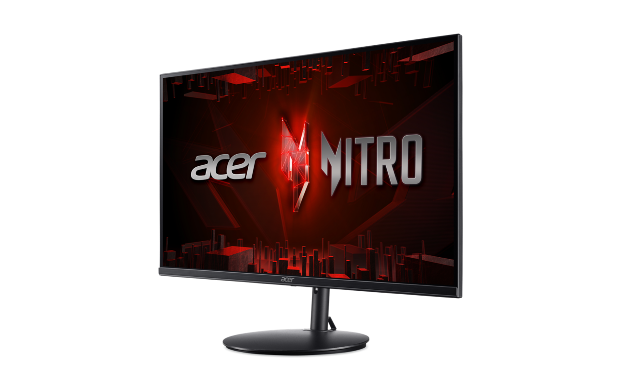 Acer Nitro monitor a logóval a képernyőn, szögben.