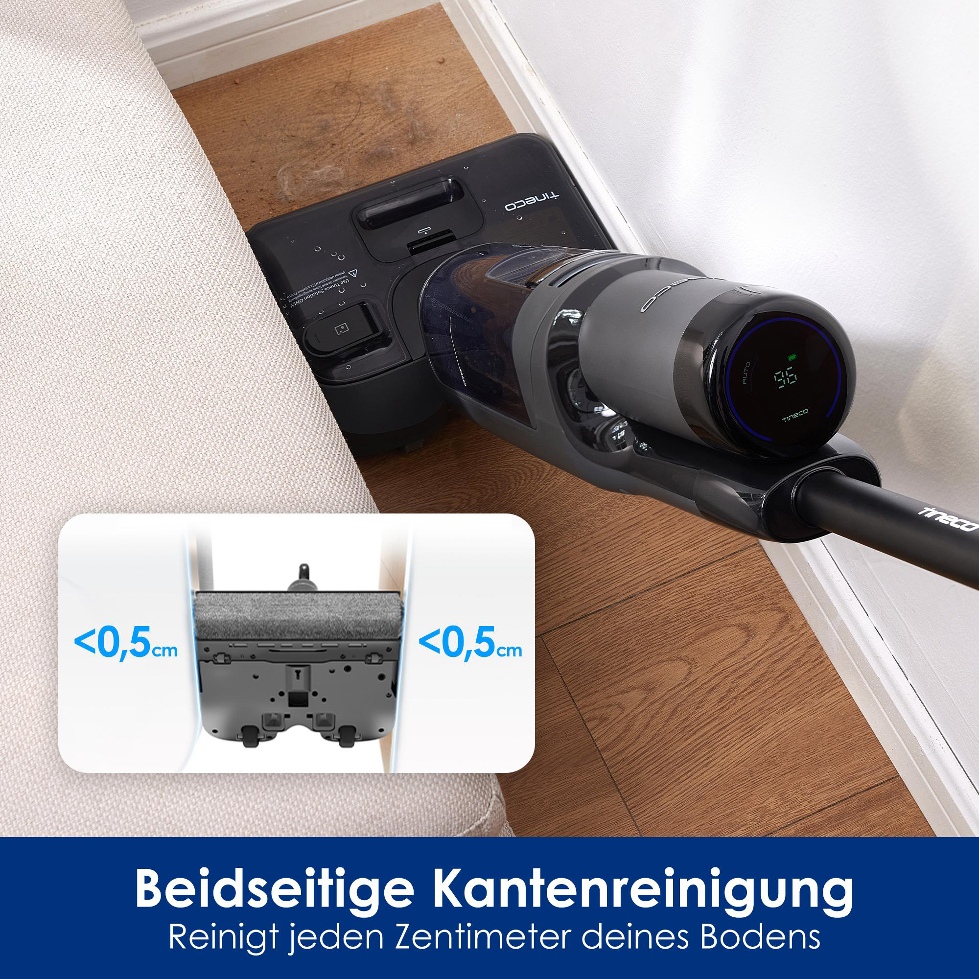 Staubsauger mit Display, Text anzeigend, und Diagramm mit seinen Funktionen.