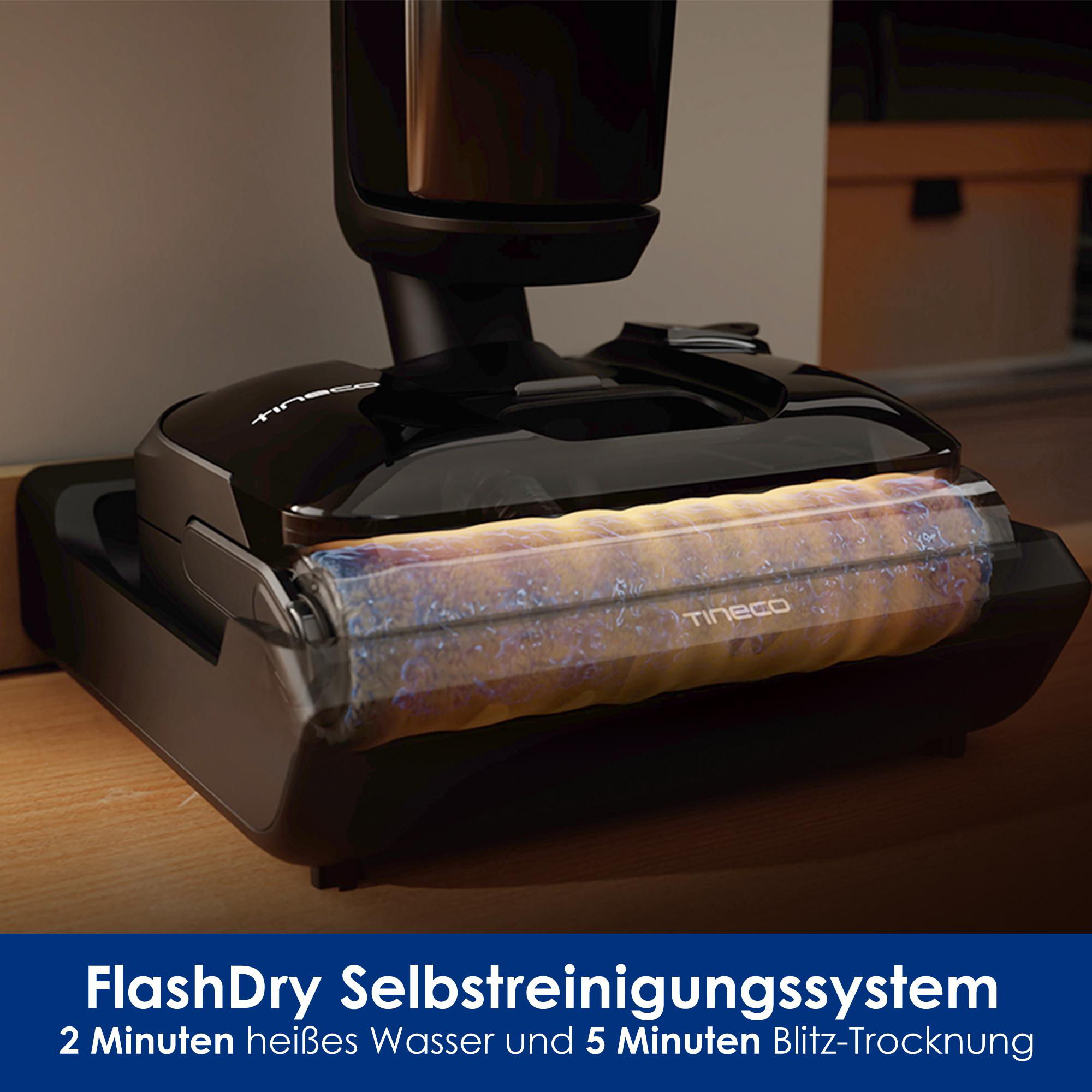 Ein schwarzer Bodenreiniger mit transparenter Walze. Text darunter lautet: FlashDry Selbstreinigungssystem.