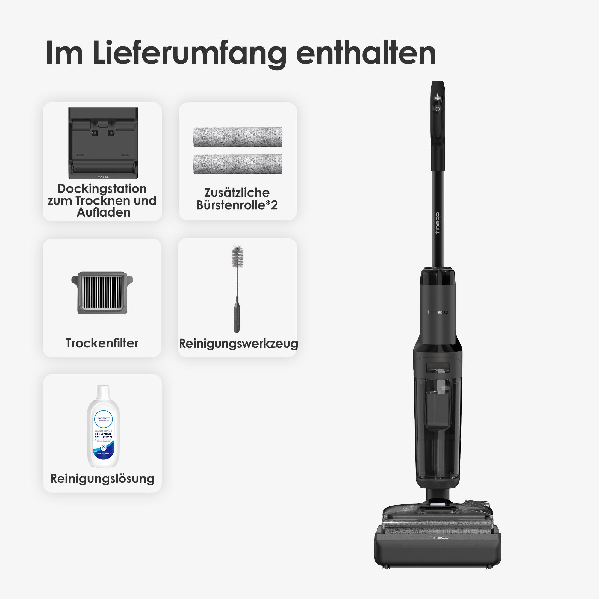 Ein Reinigungsgerät mit Zubehör. Enthält deutschen Text. Es zeigt einen Staubsauger und Reinigungswerkzeuge.
