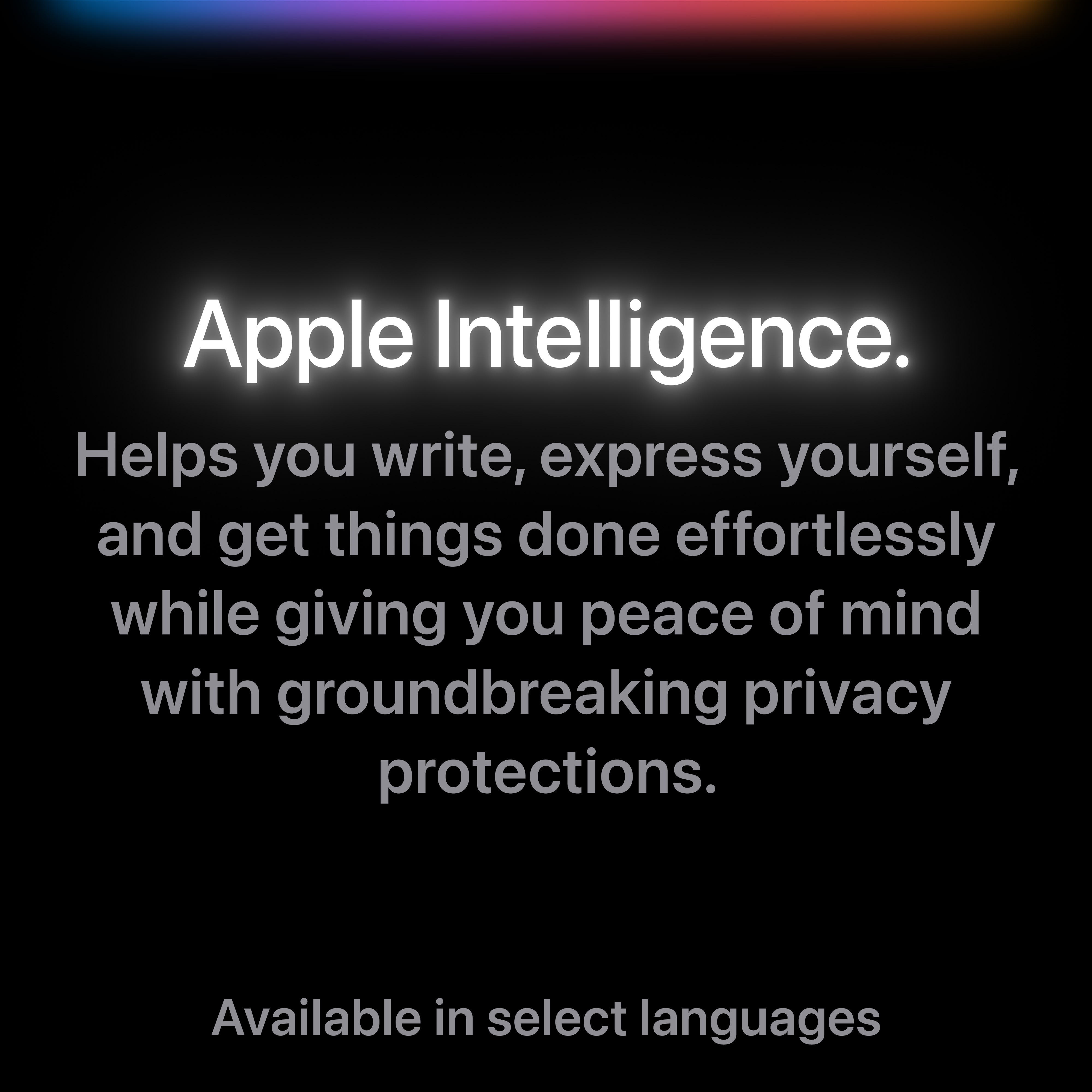 Apple Intelligence Text auf schwarzem Hintergrund mit farbenfrohem Farbverlauf.