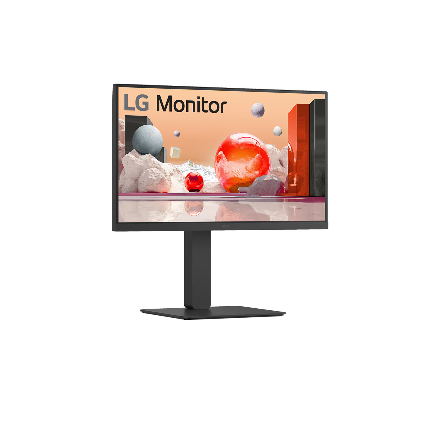 Un moniteur LG sur un support noir, affichant une image abstraite colorée.