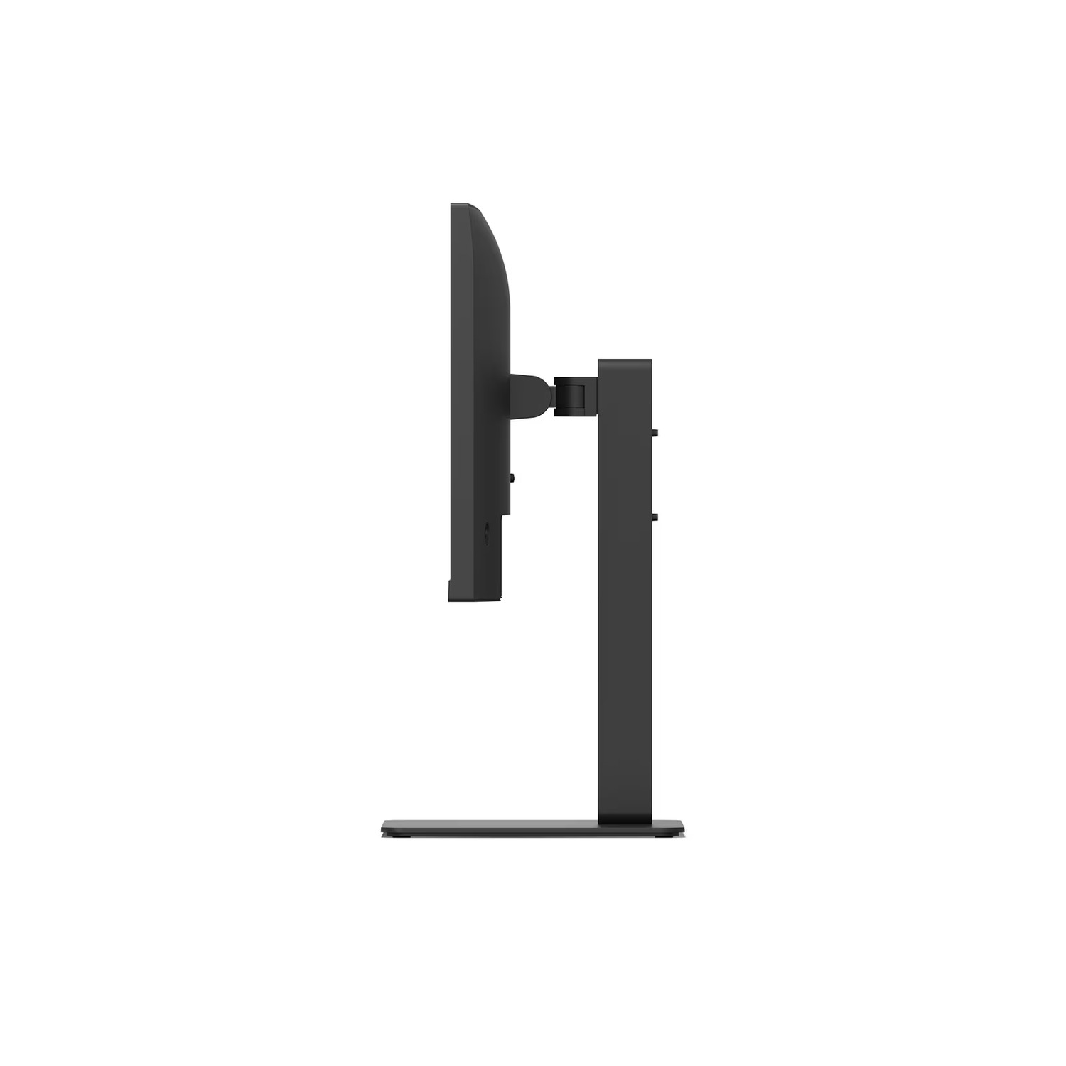 Vue latérale d'un moniteur noir avec support, sur fond blanc.