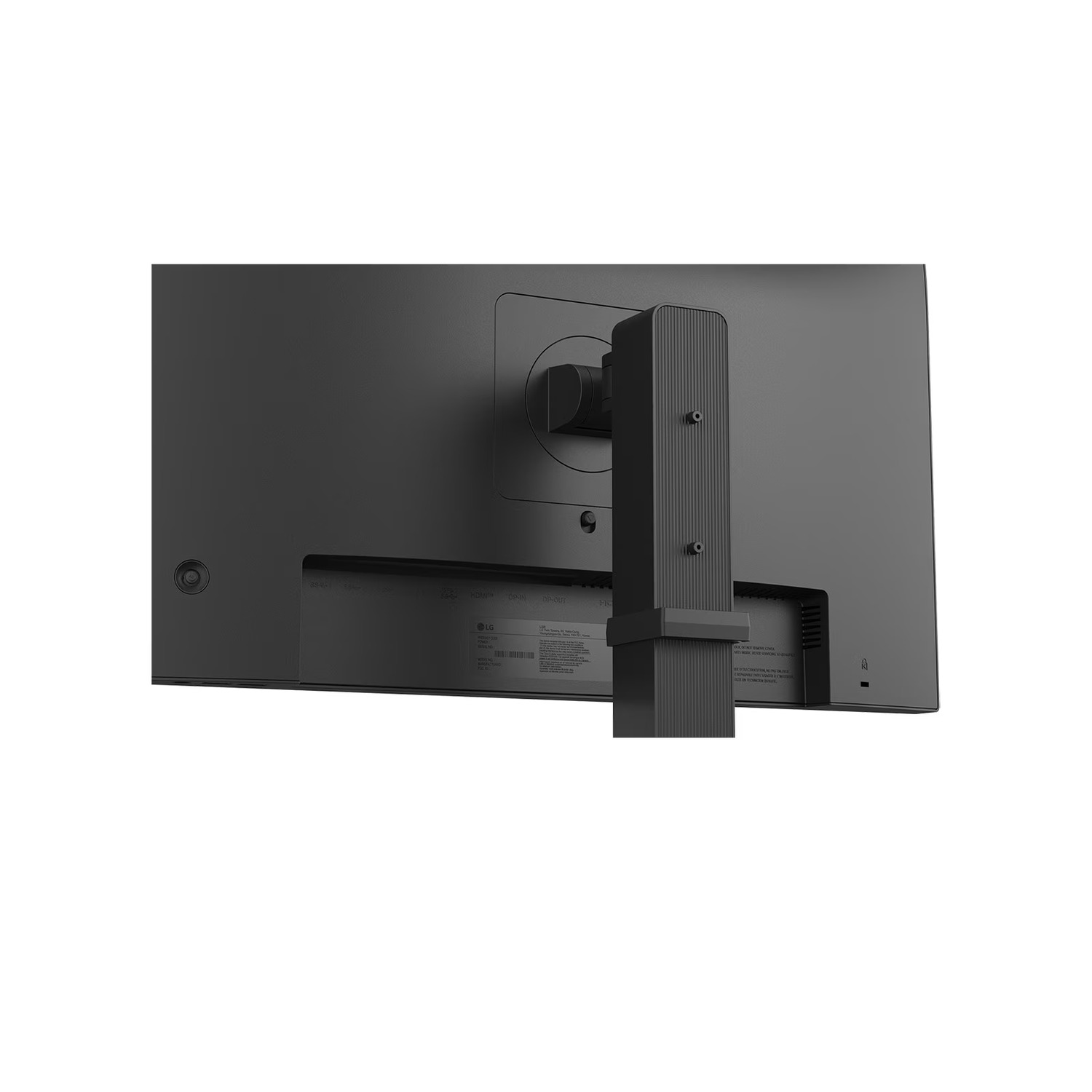 Arrière d'un moniteur LG noir, avec support et divers ports visibles.