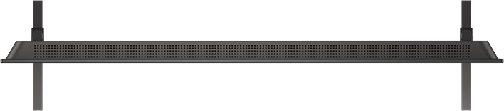 Egy sötétszürke sáv felülnézete perforált felülettel, valószínűleg soundbar, fekete háttéren.