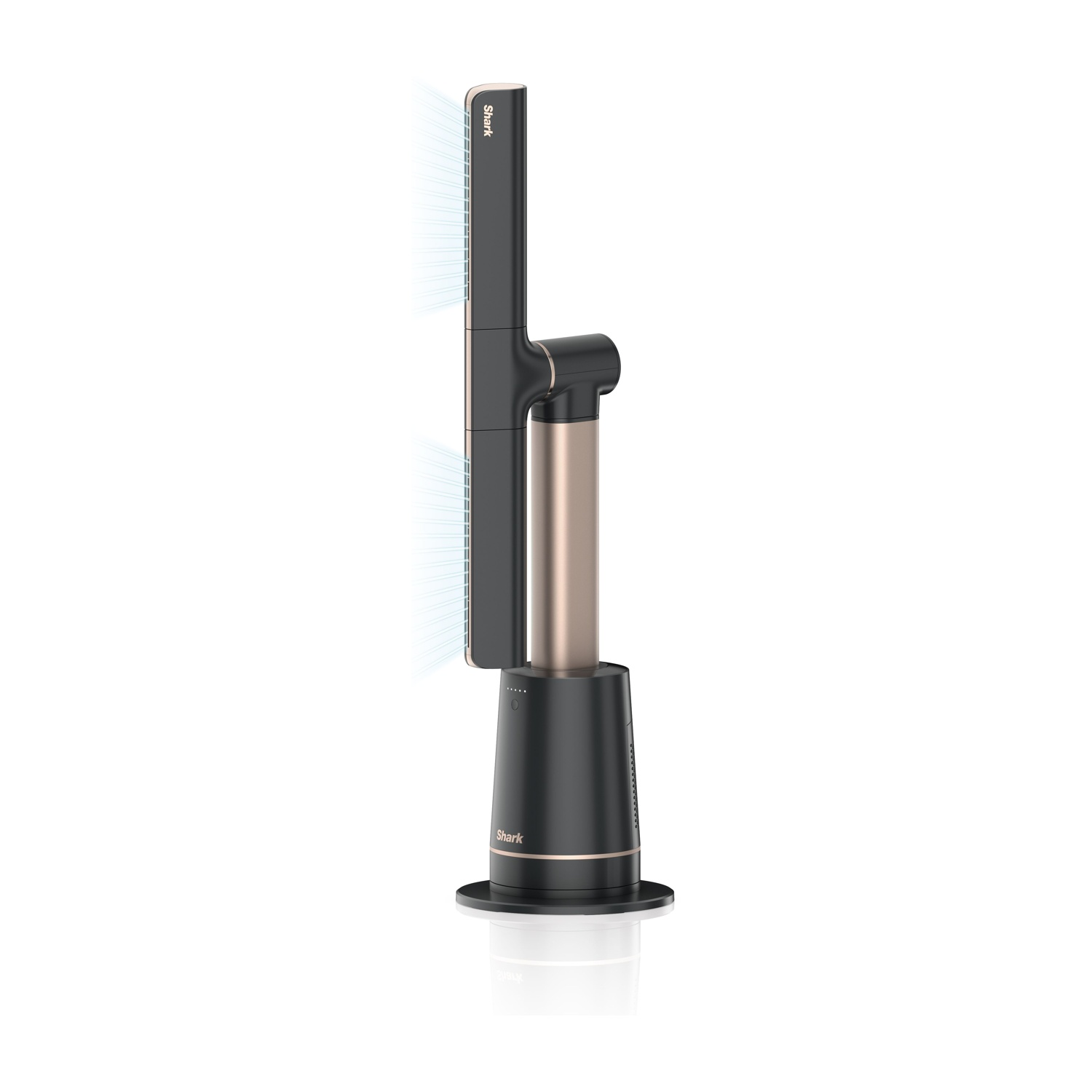 Un ventilatore senza pale nero e oro con base e sezione verticale.
