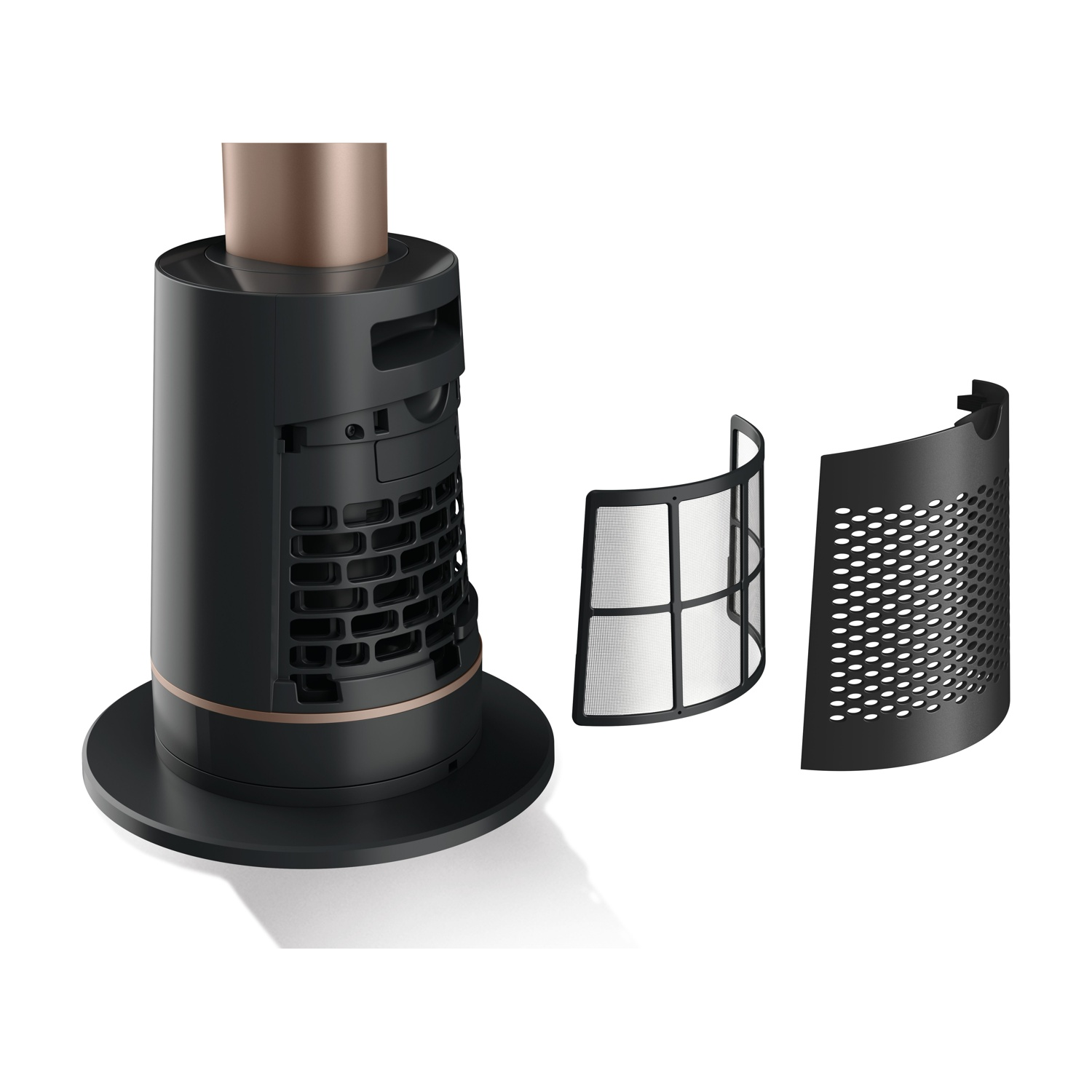 Purificatore d'aria nero e bronzo smontato, con filtro e pannello laterale.
