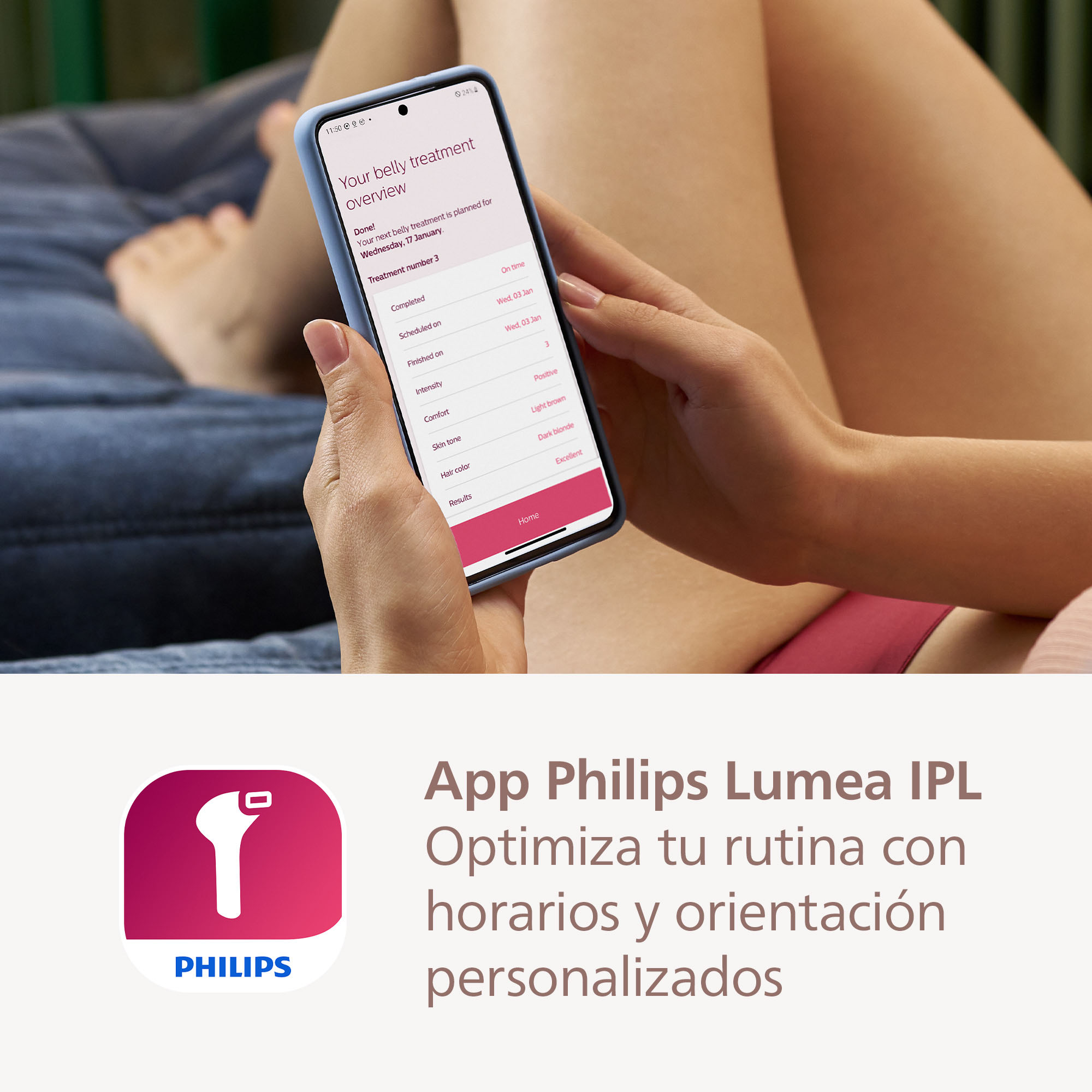 Manos de una mujer sosteniendo un teléfono que muestra una aplicación sobre la vista general del tratamiento abdominal.