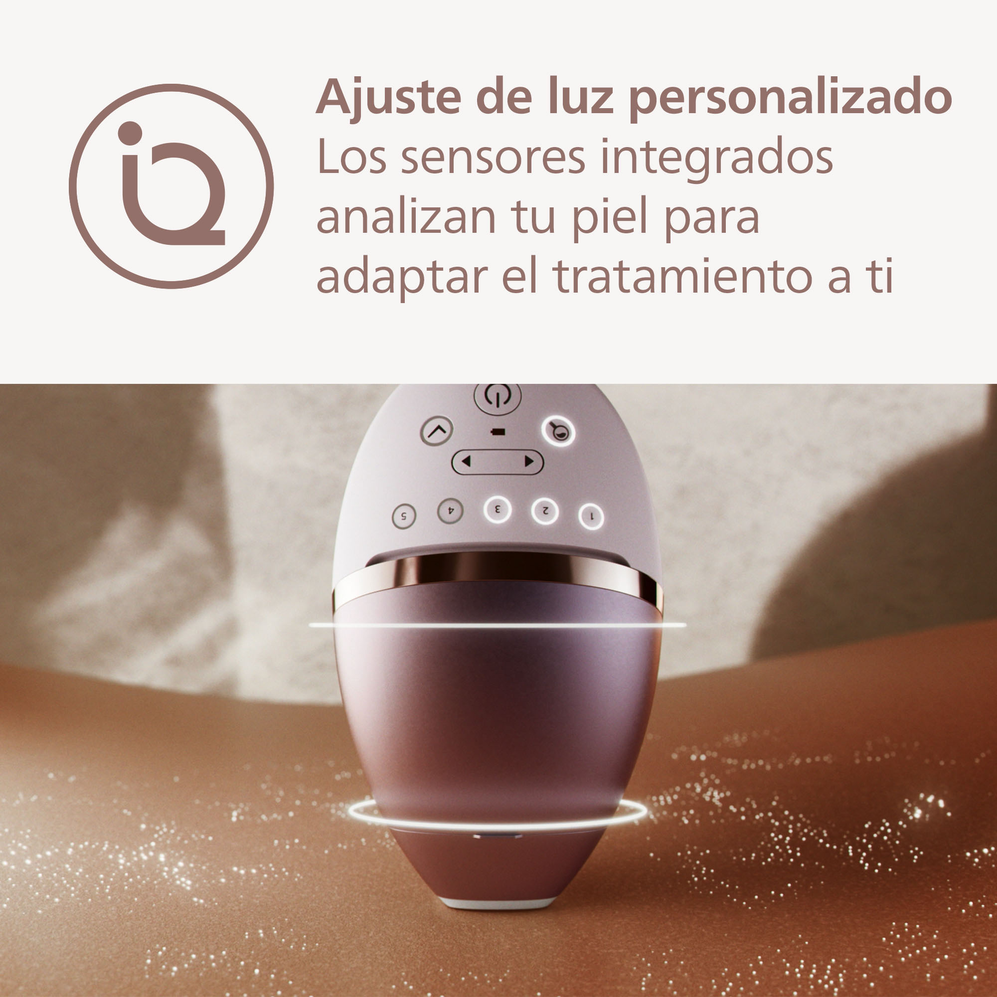 Una depiladora sobre la piel, con un haz de luz y texto sobre la luz personalizada.