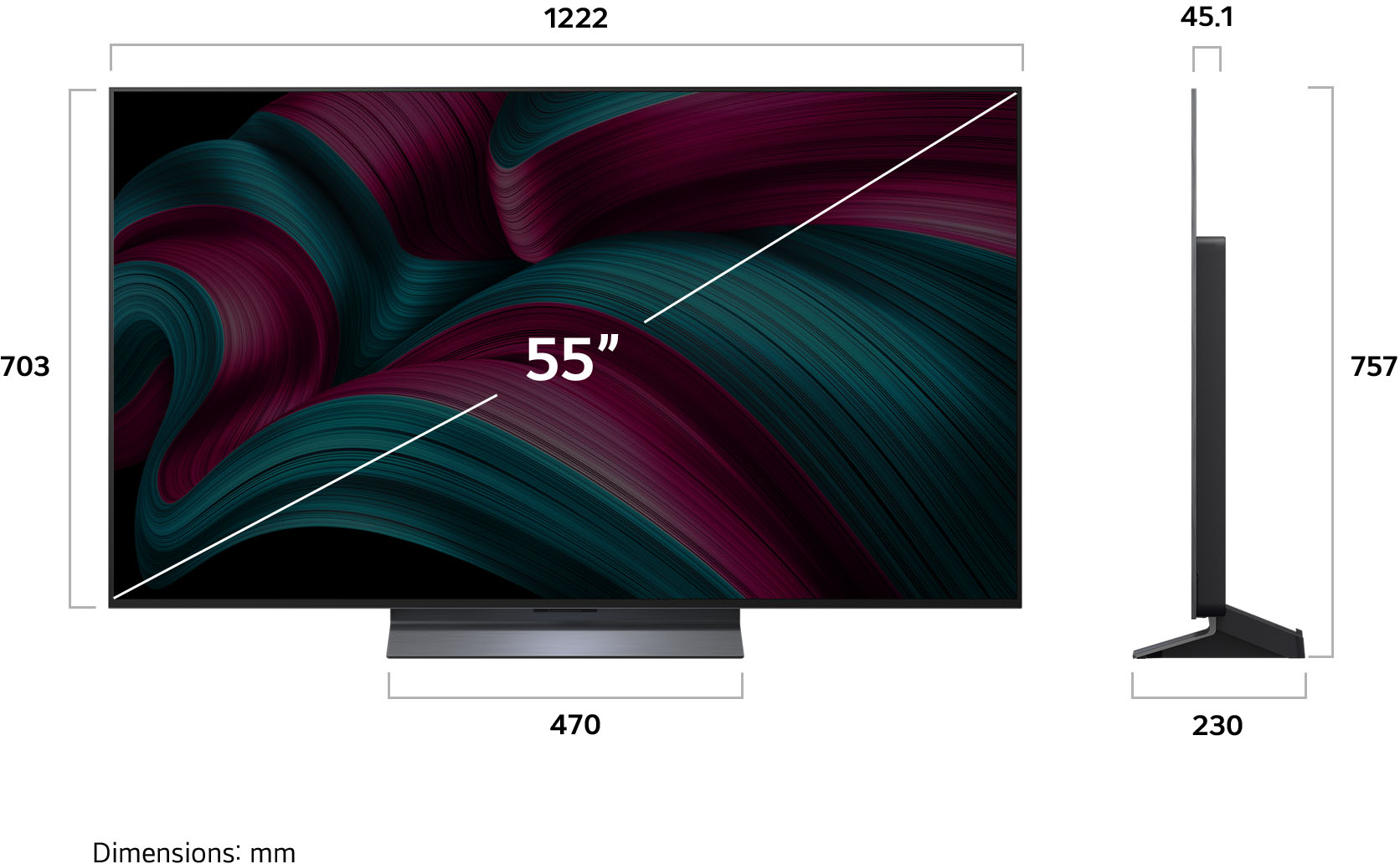 Egy 55 hüvelykes TV méretekkel, grafikus kijelzővel a képernyőn.