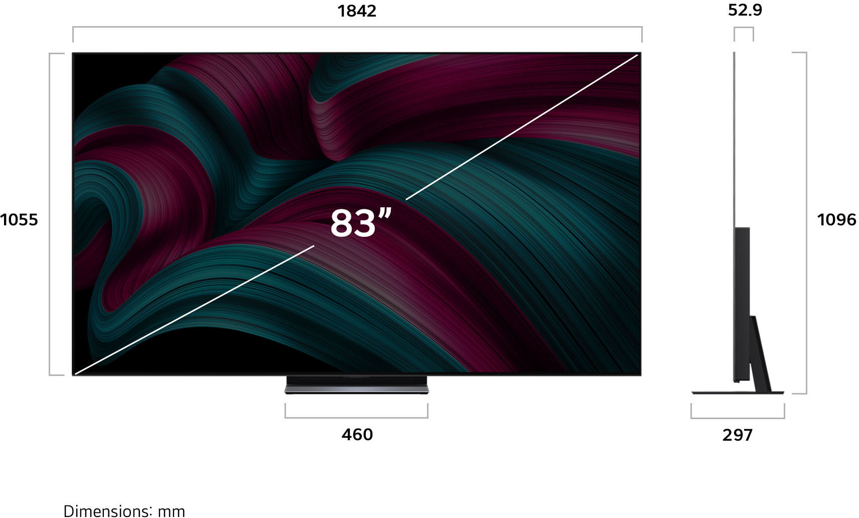 Nagy modern TV méretei állvánnyal.