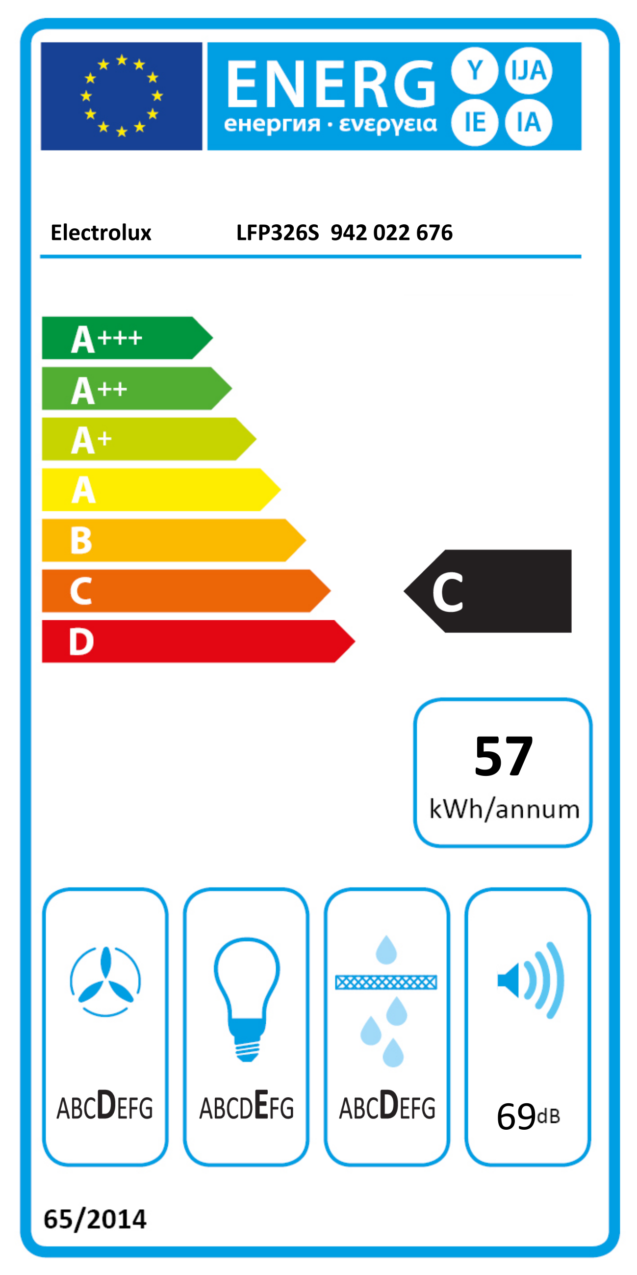 Energia címke egy Electrolux készülékhez, amely az energiahatékonysági besorolást mutatja.