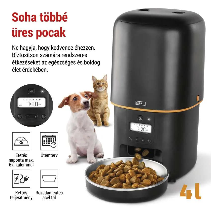 Kutya és macska egy fekete etető mellett, egy tál étellel és etetéssel kapcsolatos szöveggel.