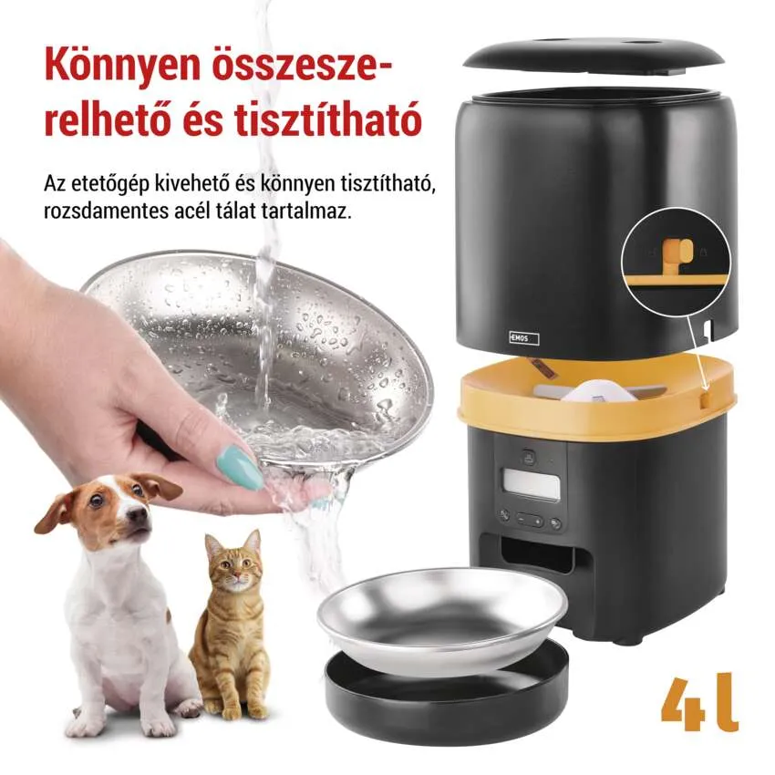 Egy etető a kutyával és a macskával. Egy kéz vizet önt egy tálba. A háttér fehér.