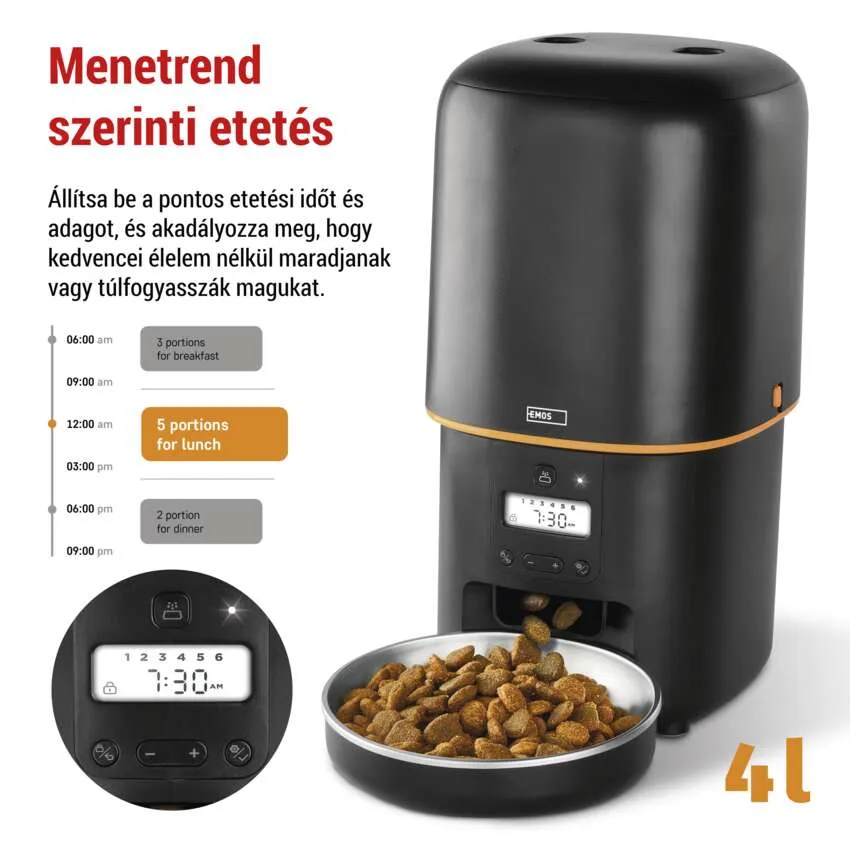 Fekete etetőautomata digitális kijelzővel és egy tál száraztáppal. Fehér szöveg az oldalán.