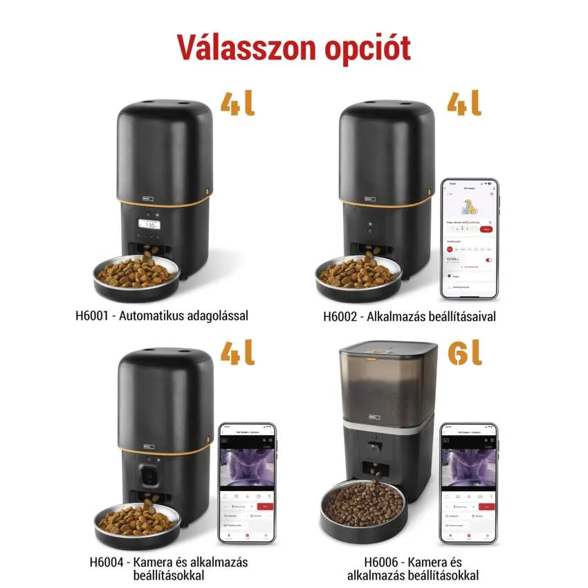 Négy etető. Mindegyiknek más a kialakítása és jellemzői, automatikus etetési lehetőségekkel.