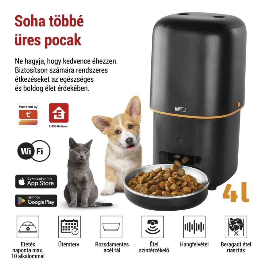 Automatikus etető a háziállatoknak, macskával és kutyával. Tartalmazza az alkalmazás vezérlést és egyebeket.