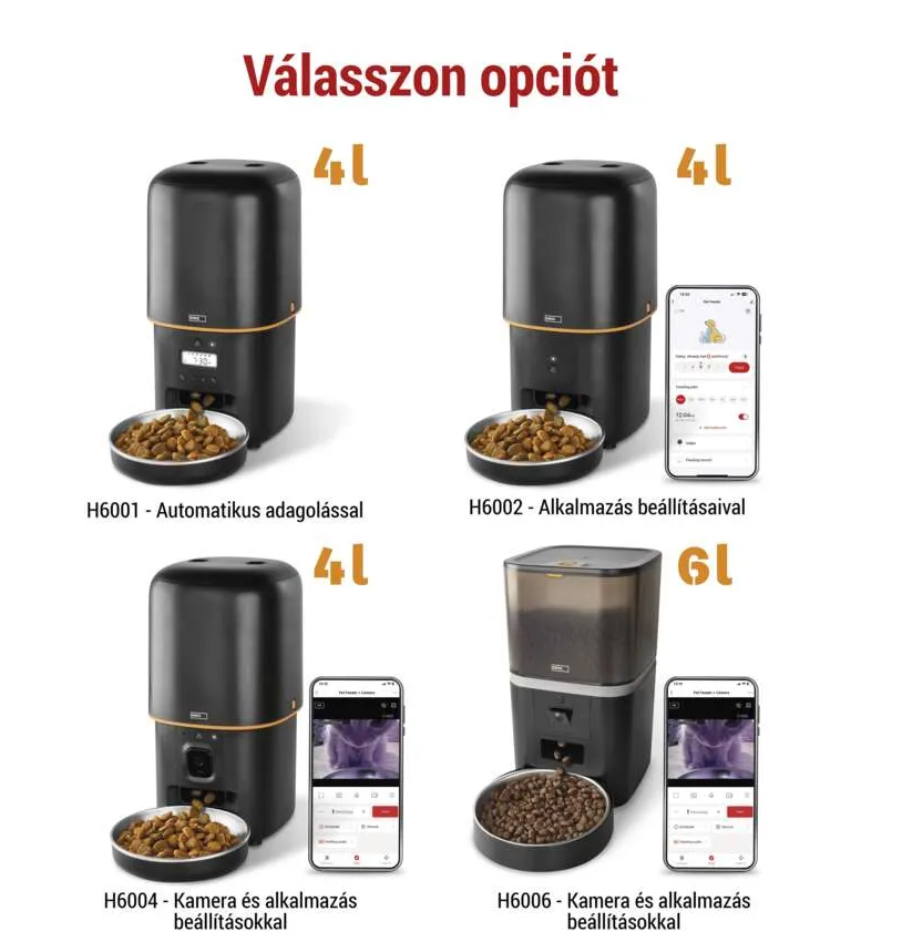 Kisállat-eledel adagolók tálakkal, telefonok alkalmazásfelületekkel. Szöveg: Válassz opciót, 4L/6L, automatikus/alkalmazás beállítások.
