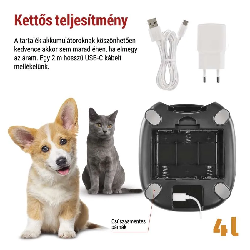 Egy kiskutya és egy macska ülnek kiegészítőkkel. Töltő, USB kábel és egy mérleg.