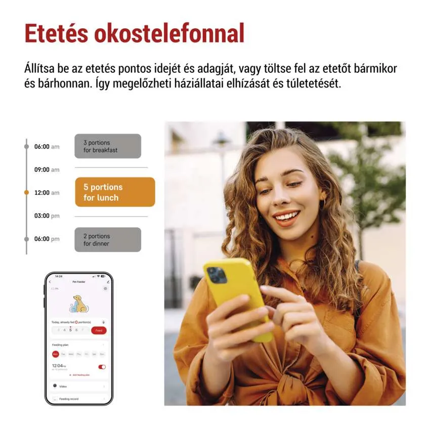 Egy fiatal nő mosolyog a telefonjára, balra egy kisállat etetési időzítővel.