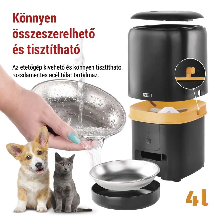 Háziállat-eledel adagoló, kutyával, macskával és kézzel. Fekete-sárga.