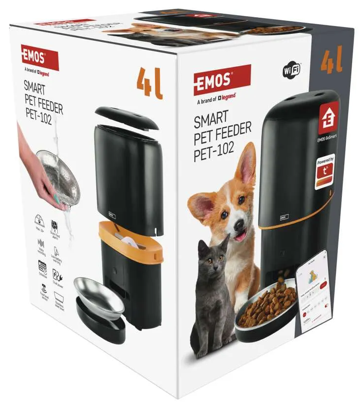 Egy Smart Pet Feeder doboz, amely a terméket, egy kutyát, egy macskát és egy mobilalkalmazást mutat.