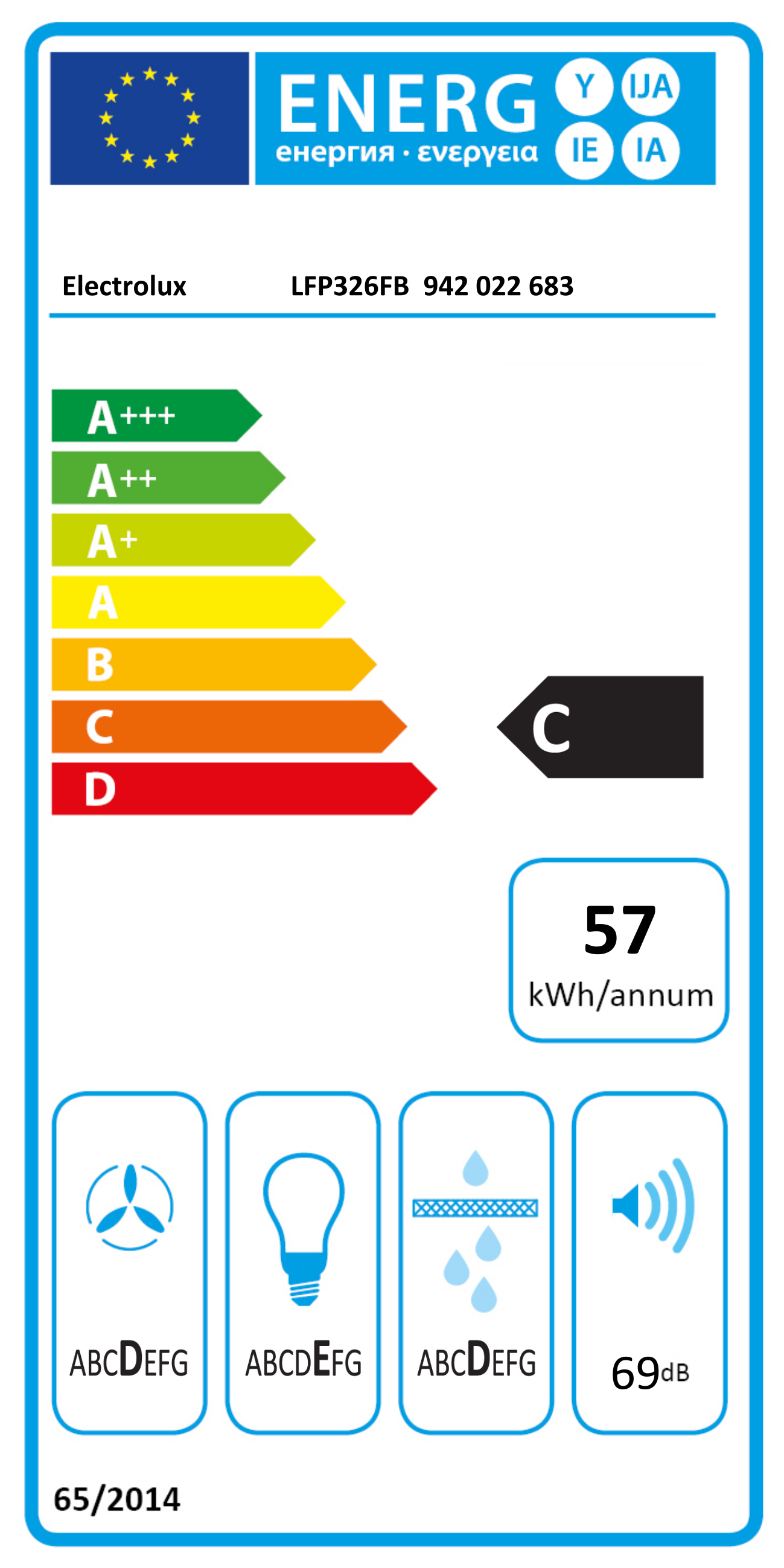Energia címke energiahatékonysági besorolásokkal, Electrolux márka, fogyasztási adatok.