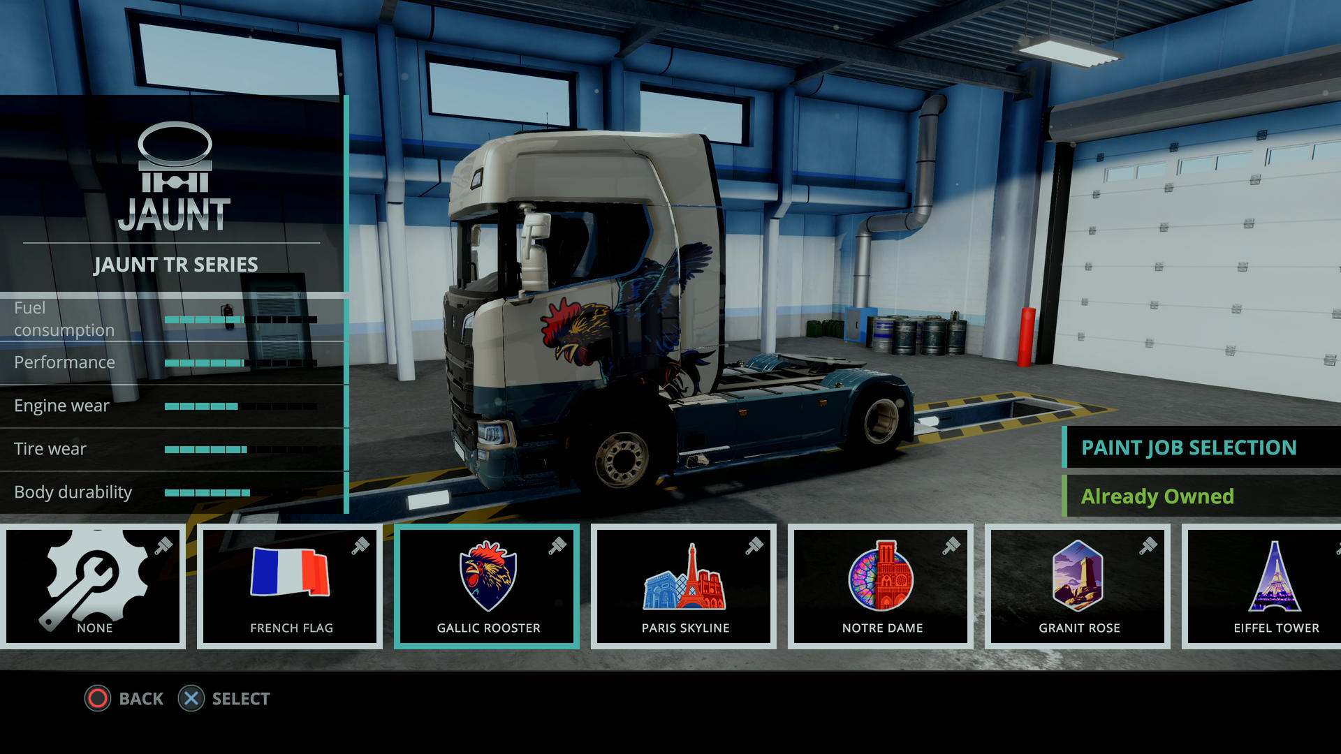 LKW-Individualisierungs-Oberfläche. LKW mit gallischer Hahn-Lackierung. Auswahl von Lackoptionen.