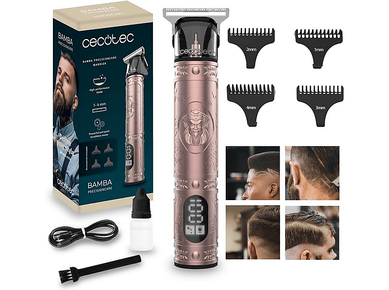 Cortapelos - Cecotec Bamba PrecisionCare Warrior, 120 min Autonomía, Motor potente y silencios, Pantalla LCD, Rosa Gold
