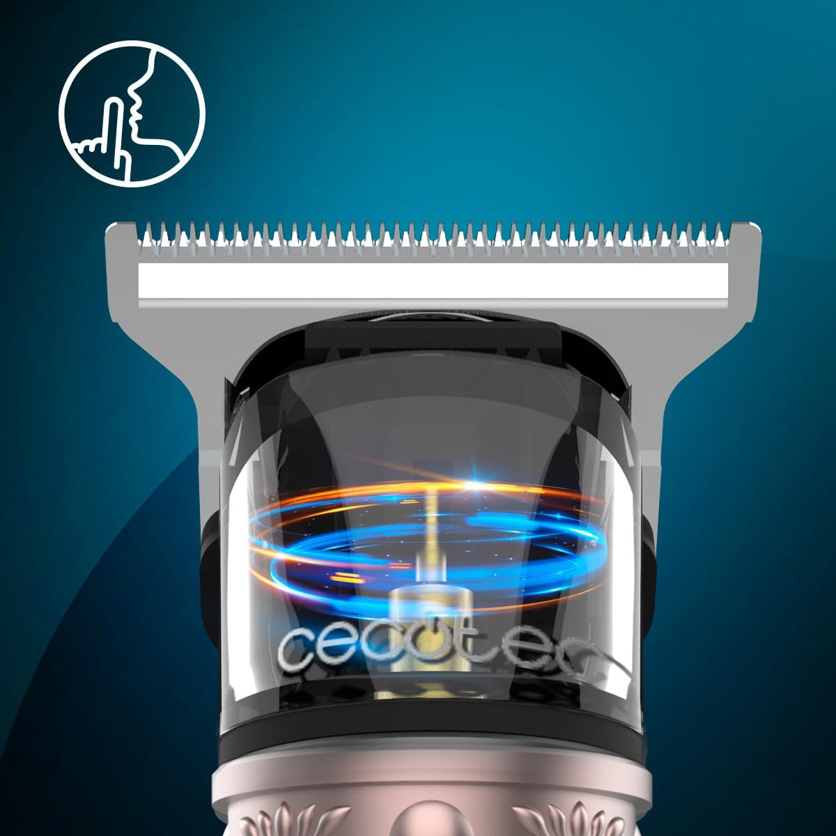Primer plano de una recortadora de cabello, oro rosa, con carcasa transparente y efecto de luz azul.
