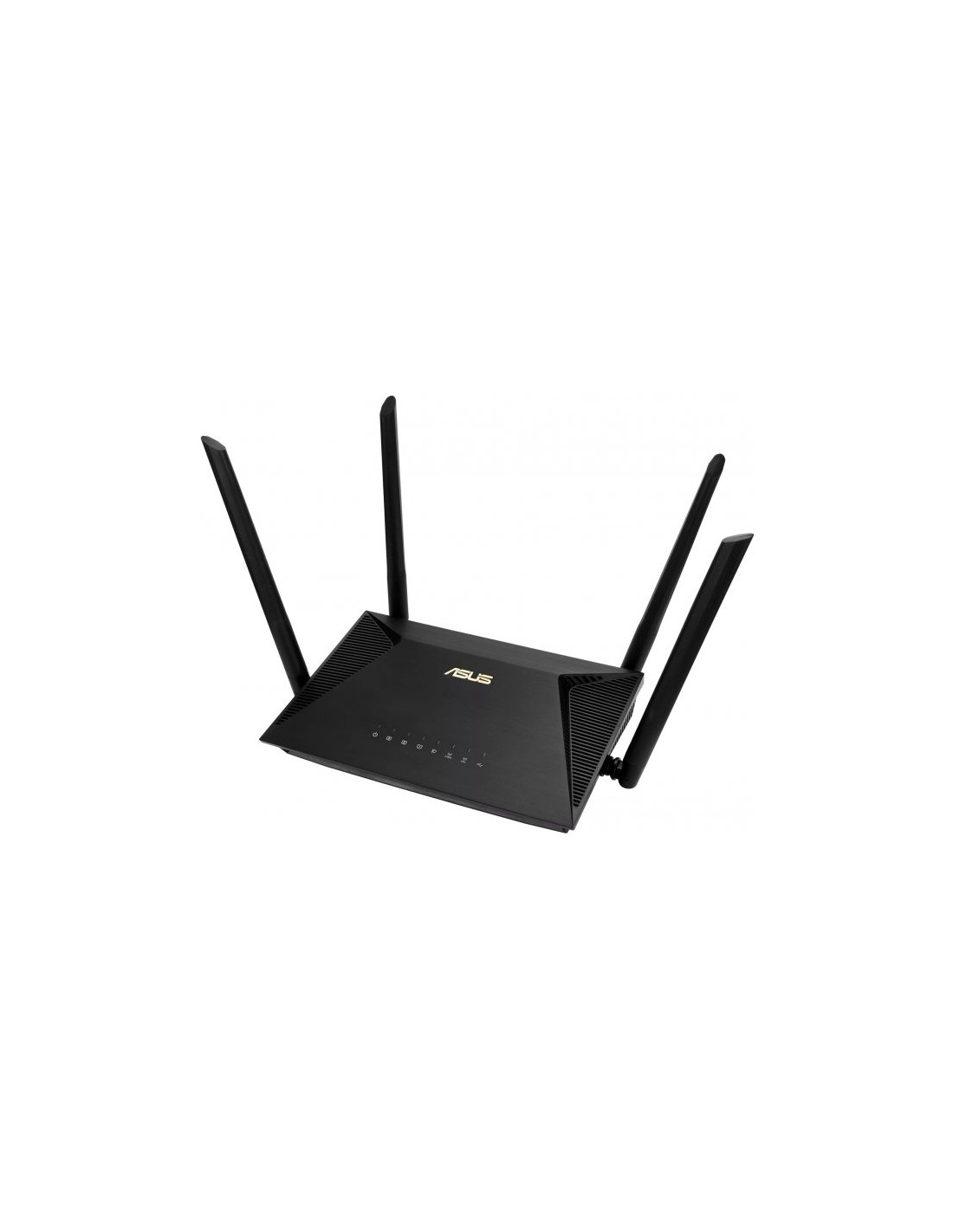 Router ASUS negro con cuatro antenas, sobre fondo blanco.