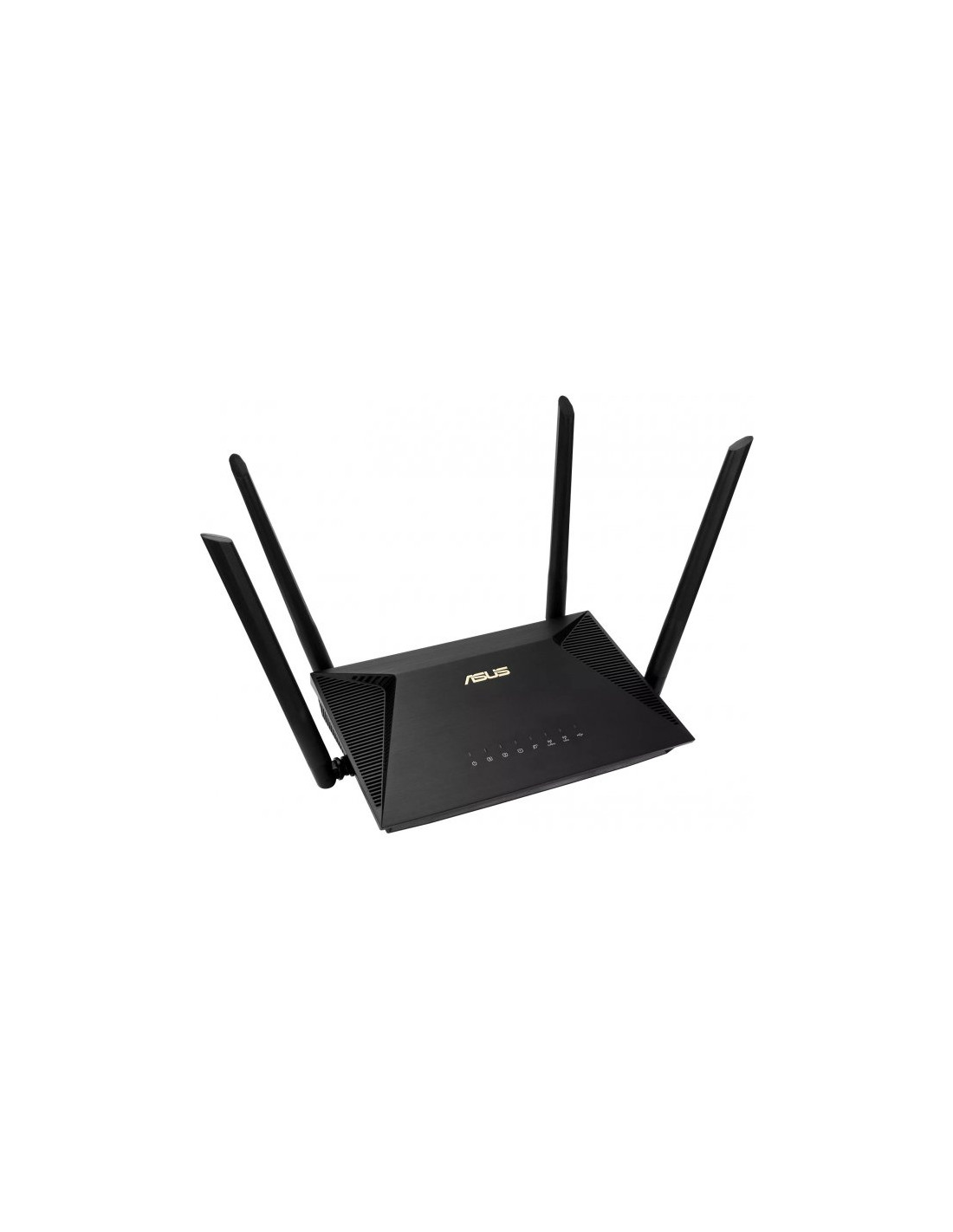 Router ASUS negro con cuatro antenas, sobre un fondo blanco.