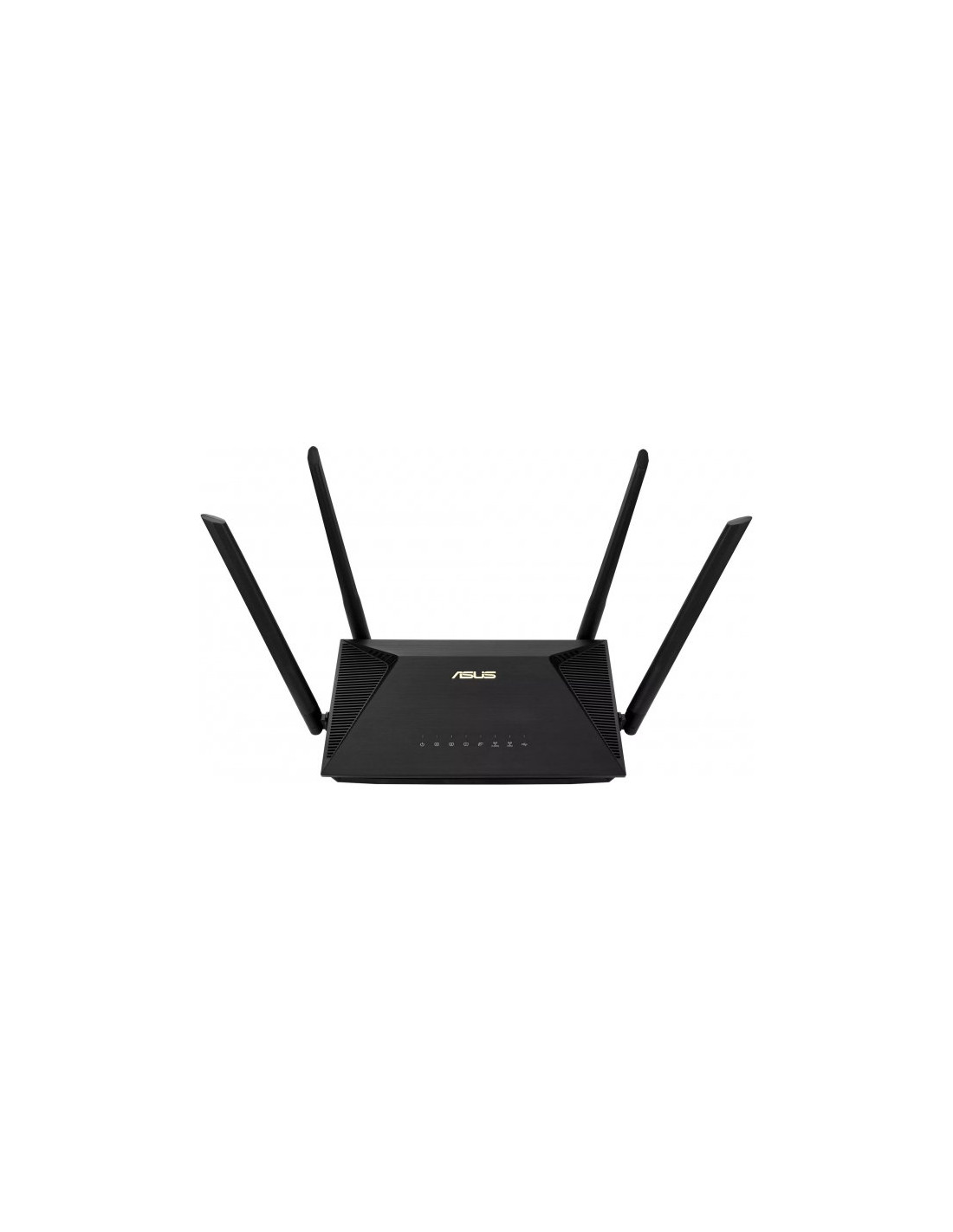 Router WiFi ASUS negro con cuatro antenas que se extienden hacia arriba, sobre fondo blanco.