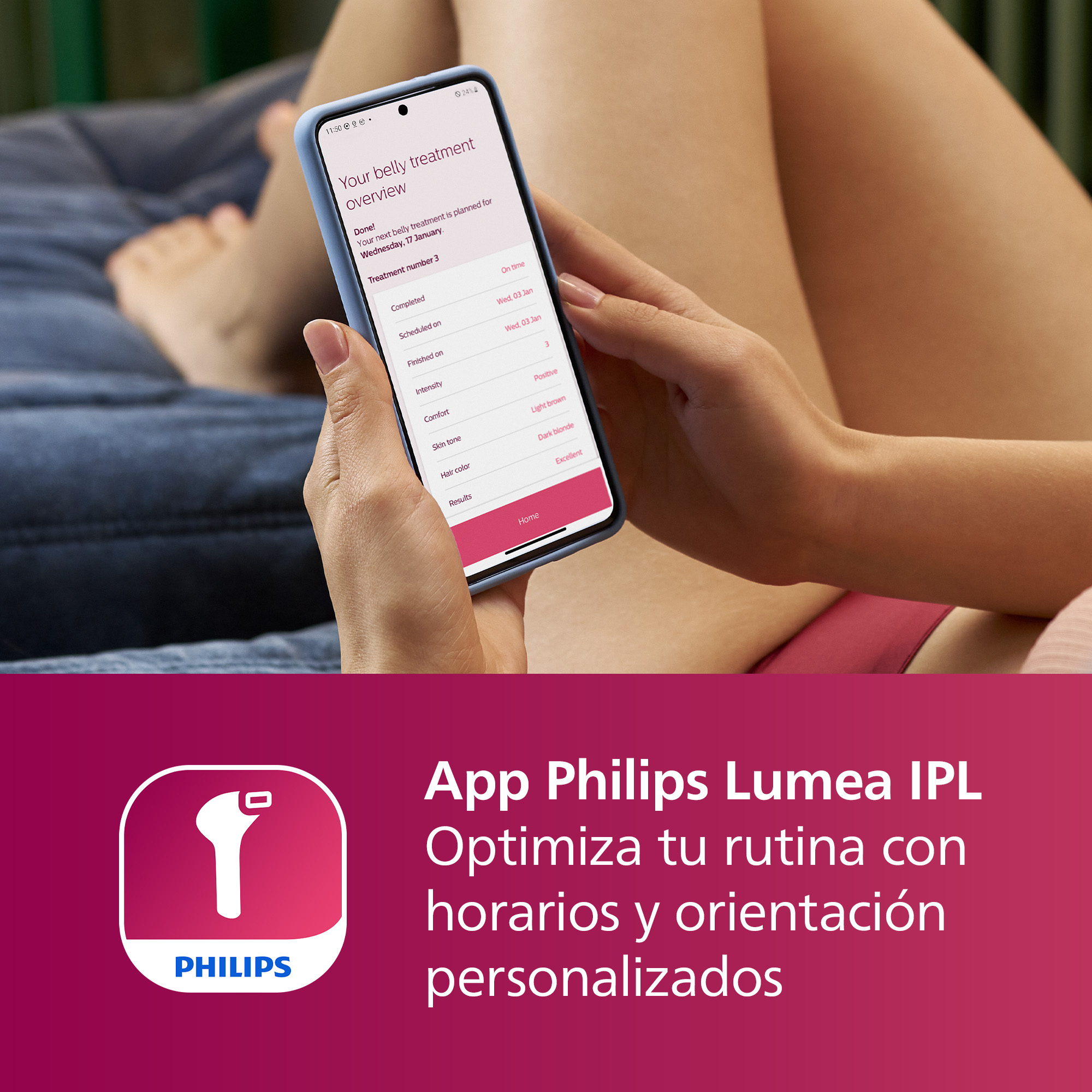 Una persona sostiene un teléfono que muestra una interfaz de aplicación sobre el tratamiento del vientre.
