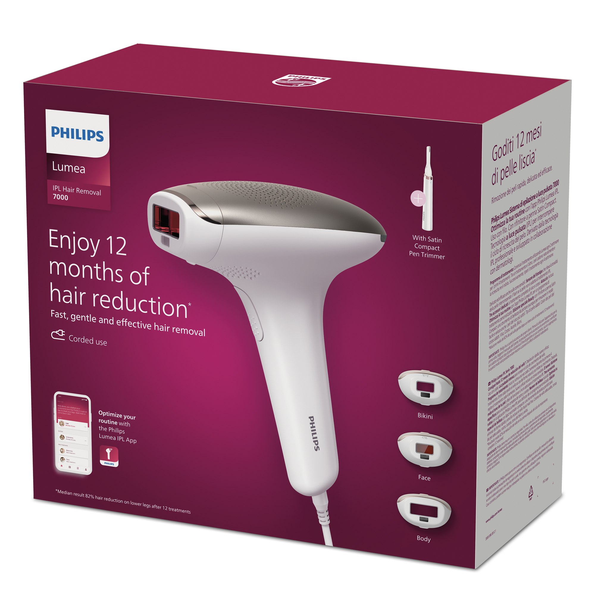 Un dispositivo de depilación IPL Philips Lumea en una caja con accesorios adicionales.