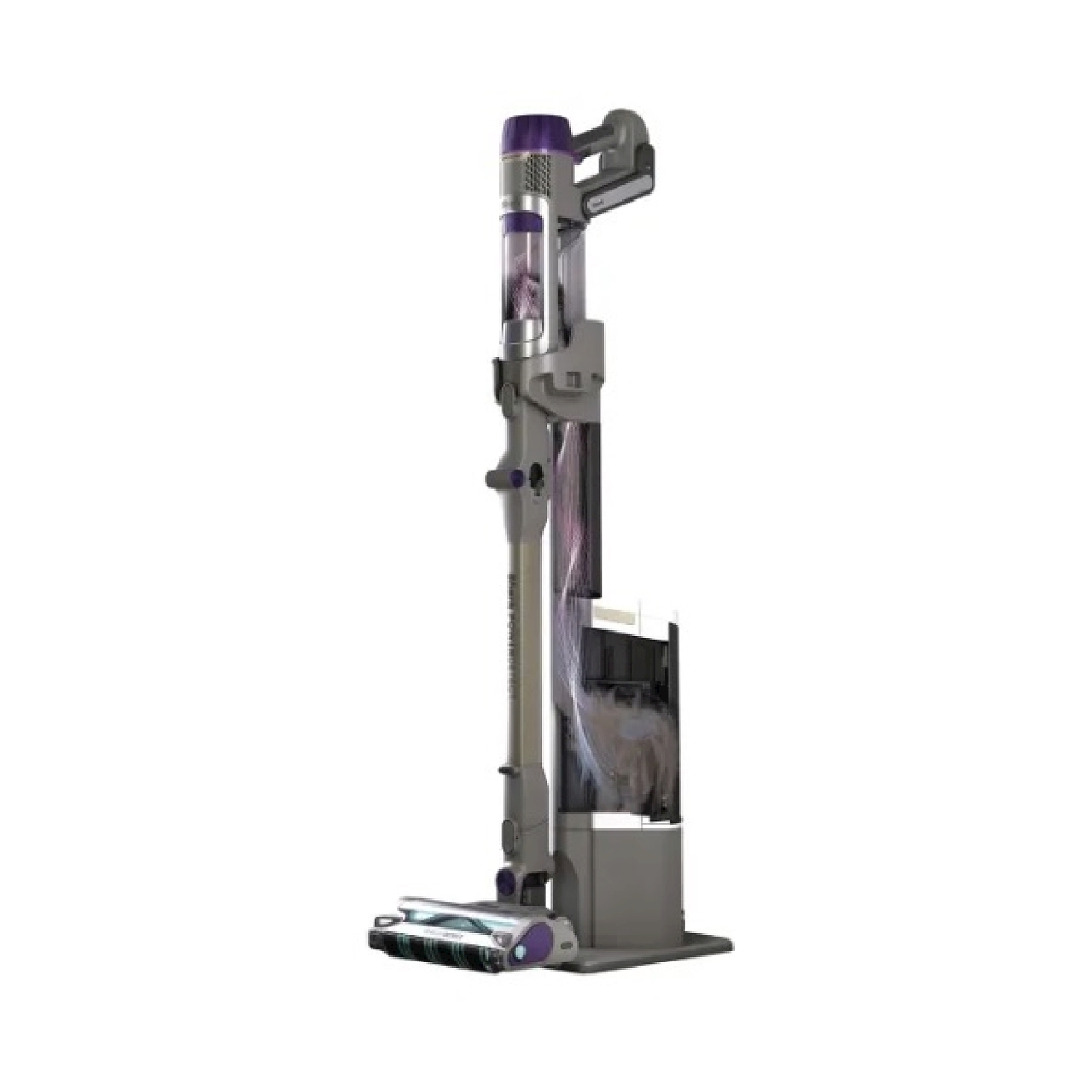 Aspirapolvere, vista smontata: corpo grigio, dettagli viola, contenitore polvere trasparente e accessori.