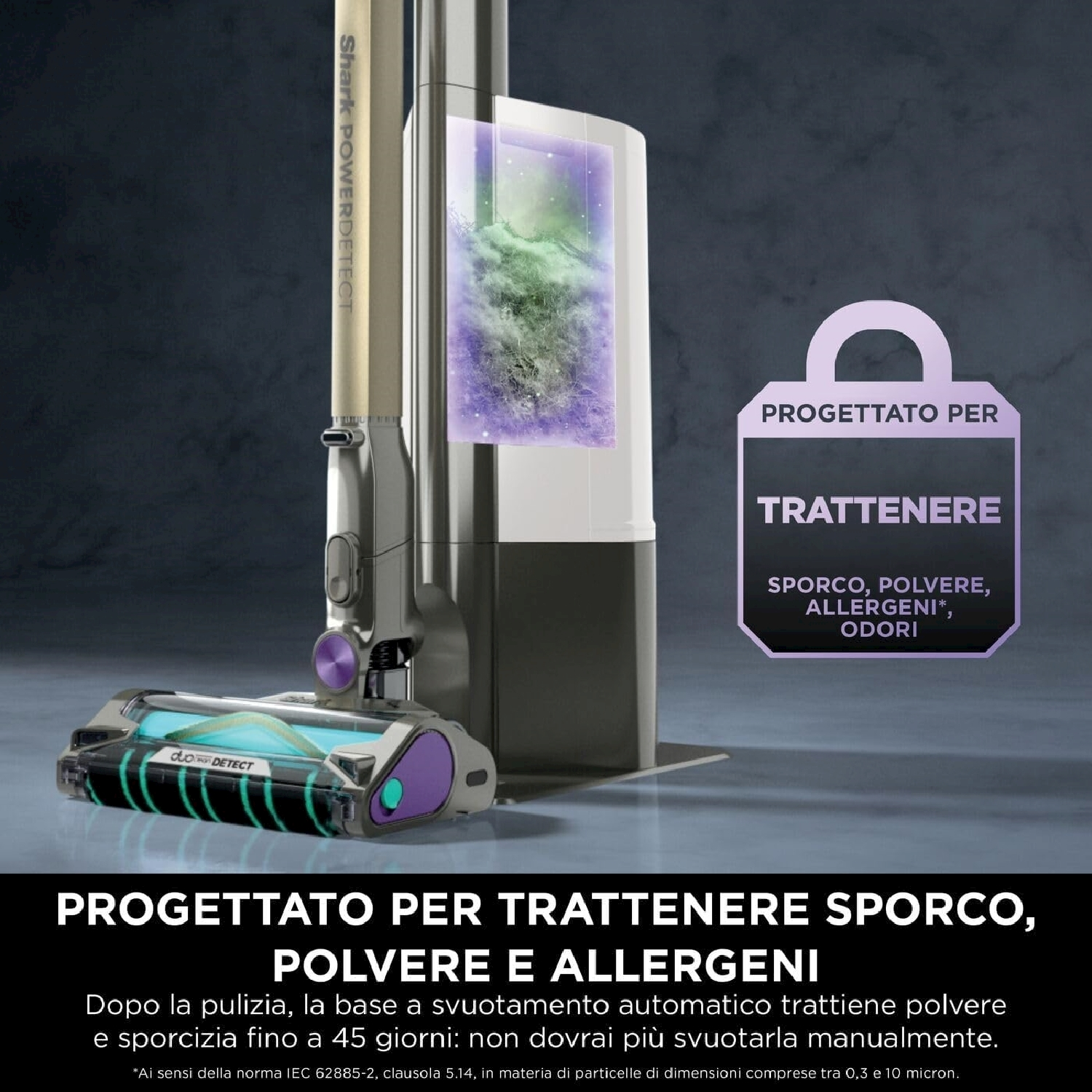 Un aspirapolvere con un design argento e grigio, è accanto a un supporto con un logo.