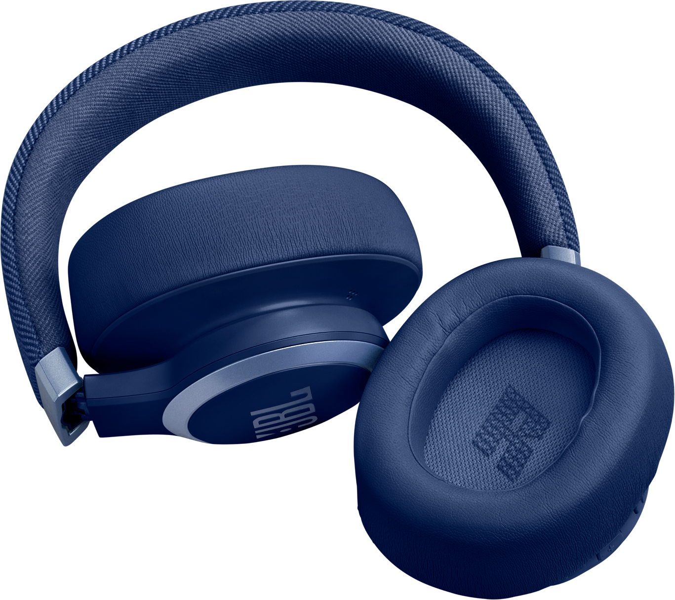 Casque bleu avec une texture semblable à du tissu et un accent argenté sur le côté. Logo JBL visible.