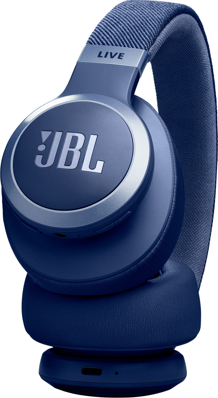 Casque JBL bleu sur fond noir. Accents argentés et marque.